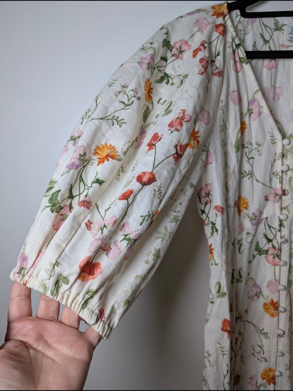H&M Floral Cotton Midi Dress XS Puff Sleeve Cottagecore Button Front White - Picture 5 of 12
